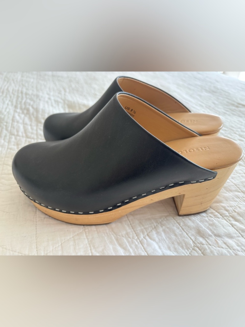 Nisolo Black Leather Clog Mules with Natural Wood Heel